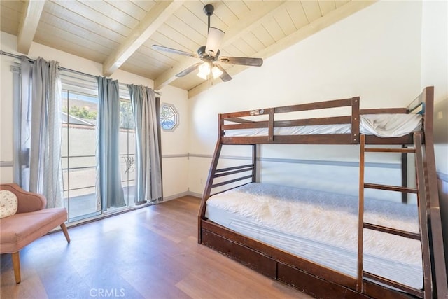 625 Balboa Dr, Corona, CA 92879 - bedroom featuring access to exterior, wood finished floors, ceiling fan, and a wooden ceiling with exposed beams