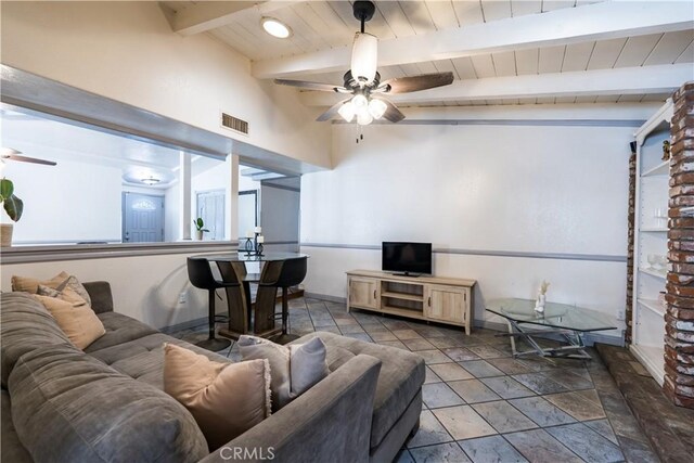 625 Balboa Dr, Corona, CA 92879 - living area featuring a ceiling fan and a wooden ceiling with exposed beams