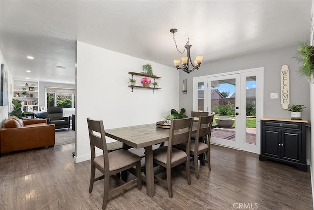 2816 E Alden Pl, Anaheim, CA 92806 - dining area featuring dark wood-type flooring, a chandelier, and french doors