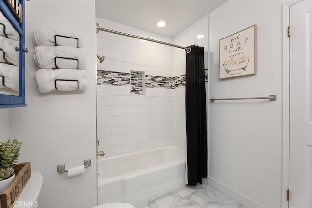 2816 E Alden Pl, Anaheim, CA 92806 - bathroom with marble finish floors, shower / tub combo, and recessed lighting