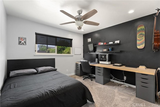 2816 E Alden Pl, Anaheim, CA 92806 - bedroom featuring light colored carpet, an office area, recessed lighting, and a ceiling fan