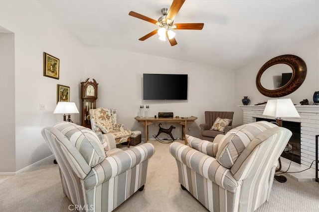 675 Barberry Way, Nipomo, CA 93444 - living room featuring light colored carpet, a ceiling fan, a fireplace, and lofted ceiling