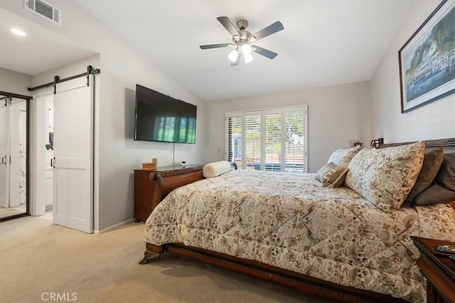 675 Barberry Way, Nipomo, CA 93444 - bedroom with light carpet, a barn door, vaulted ceiling, and a ceiling fan