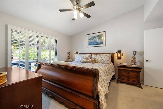 675 Barberry Way, Nipomo, CA 93444 - bedroom with vaulted ceiling, access to exterior, light colored carpet, and a ceiling fan