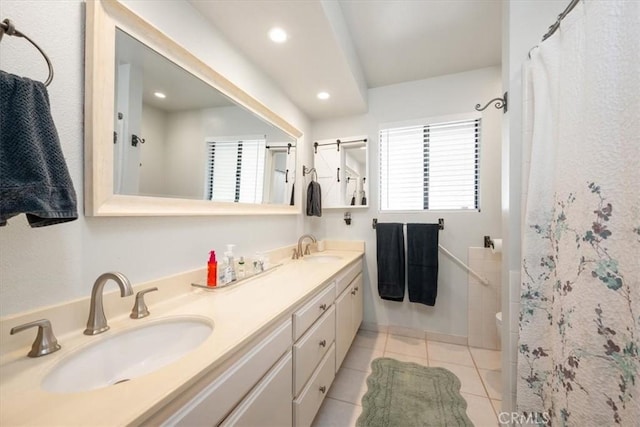 675 Barberry Way, Nipomo, CA 93444 - full bathroom featuring double vanity, tile patterned floors, a shower with shower curtain, and recessed lighting