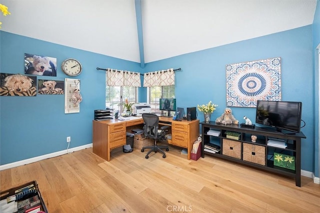 26309 Emerald Dove Dr, Valencia, CA 91355 - office featuring light wood-type flooring, beamed ceiling, and high vaulted ceiling