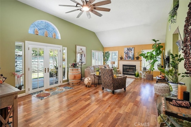 26309 Emerald Dove Dr, Valencia, CA 91355 - living room featuring french doors, ceiling fan, light wood-style flooring, plenty of natural light, and high vaulted ceiling