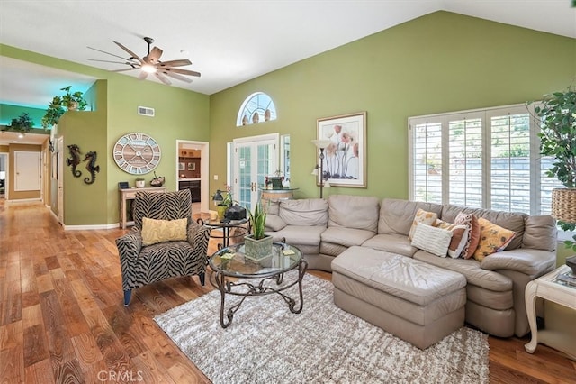 26309 Emerald Dove Dr, Valencia, CA 91355 - living room featuring high vaulted ceiling, ceiling fan, and wood finished floors