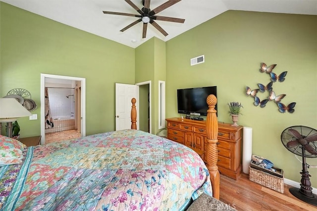 26309 Emerald Dove Dr, Valencia, CA 91355 - bedroom featuring wood finished floors, high vaulted ceiling, ceiling fan, and ensuite bathroom