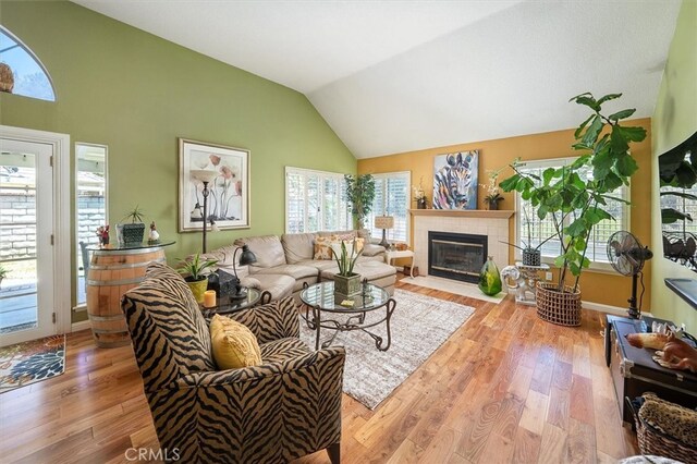 26309 Emerald Dove Dr, Valencia, CA 91355 - living area featuring lofted ceiling, healthy amount of natural light, a fireplace, and light wood-type flooring