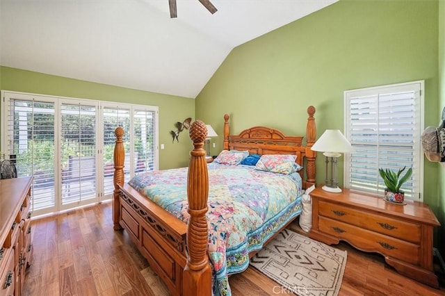 26309 Emerald Dove Dr, Valencia, CA 91355 - bedroom featuring access to outside, vaulted ceiling, wood finished floors, and ceiling fan