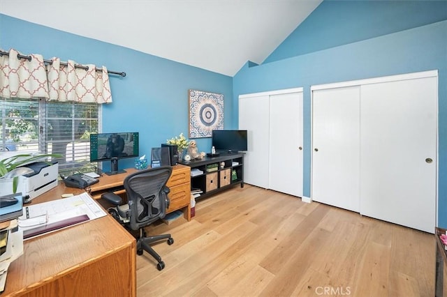 26309 Emerald Dove Dr, Valencia, CA 91355 - office featuring light wood-style flooring and high vaulted ceiling