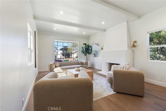 3924 Dublin Ave, Los Angeles, CA 90008 - living area with healthy amount of natural light, a large fireplace, wood finished floors, and recessed lighting
