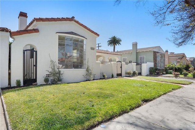 3924 Dublin Ave, Los Angeles, CA 90008 - view of front of house with a gate, stucco siding, a tile roof, and a chimney