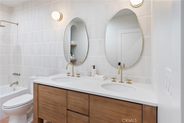 3924 Dublin Ave, Los Angeles, CA 90008 - bathroom featuring double vanity, shower / bath combination, and tile walls