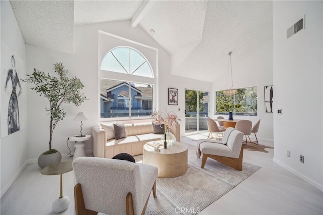 26970 Flo Ln Unit 310, Canyon Country, CA 91351 - living room featuring high vaulted ceiling, a textured ceiling, beam ceiling, and light wood-style floors