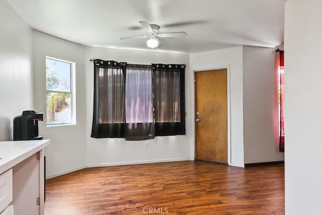 14625 Mountain High Dr, Fontana, CA 92337 - unfurnished dining area with a ceiling fan and wood finished floors