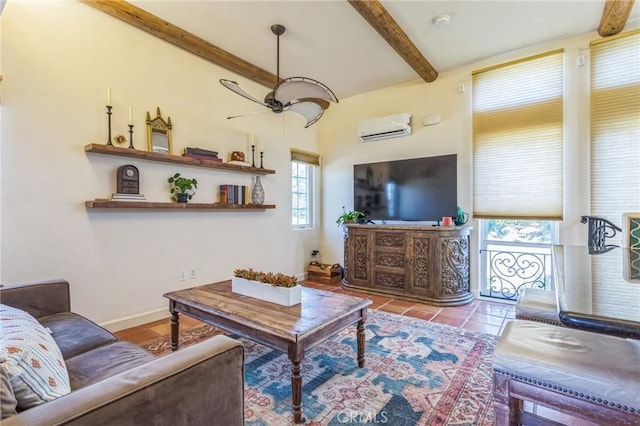 3606 W Chandler Blvd, Burbank, CA 91505 - tiled living room featuring a wall mounted air conditioner, beam ceiling, and ceiling fan