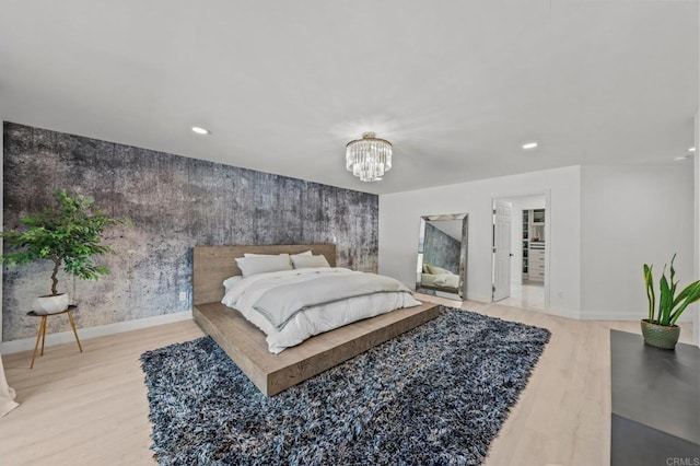 20 Lake Helix Dr, La Mesa, CA 91941 - bedroom featuring recessed lighting, wood finished floors, a chandelier, and an accent wall