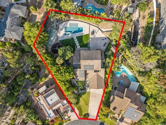 20 Lake Helix Dr, La Mesa, CA 91941 - aerial perspective of suburban area with a pool and property parcel outlined