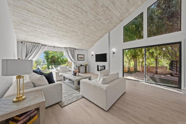 20 Lake Helix Dr, La Mesa, CA 91941 - living room with high vaulted ceiling, wood finished floors, wooden ceiling, and a glass covered fireplace