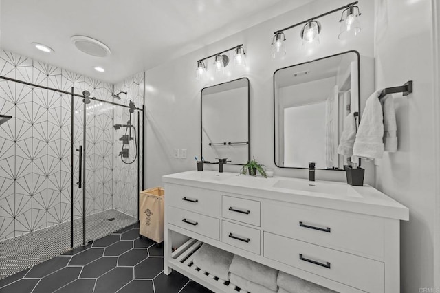 20 Lake Helix Dr, La Mesa, CA 91941 - bathroom with double vanity, a stall shower, and tile patterned flooring