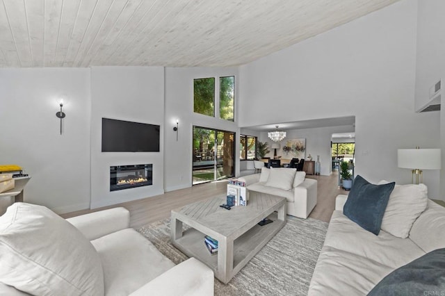 20 Lake Helix Dr, La Mesa, CA 91941 - living room with a chandelier, wood finished floors, a glass covered fireplace, a high ceiling, and wood ceiling