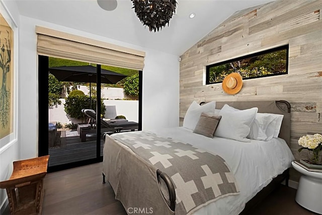 21611 Ocean Vista Dr, Laguna Beach, CA 92651 - bedroom featuring wood walls, lofted ceiling, an accent wall, wood finished floors, and recessed lighting