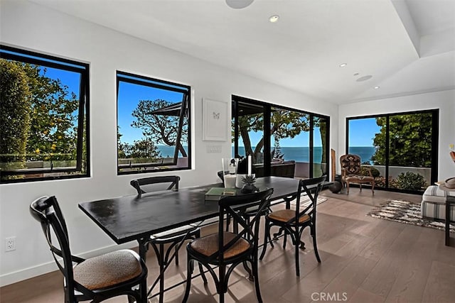 21611 Ocean Vista Dr, Laguna Beach, CA 92651 - dining space featuring wood finished floors, recessed lighting, and vaulted ceiling