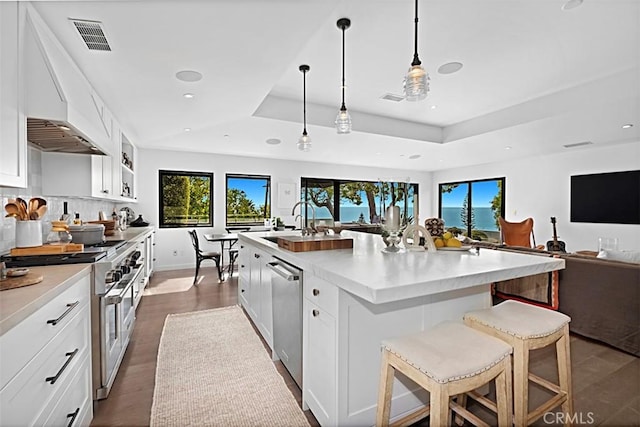 21611 Ocean Vista Dr, Laguna Beach, CA 92651 - kitchen with stainless steel appliances, a raised ceiling, open floor plan, a large island with sink, and white cabinetry