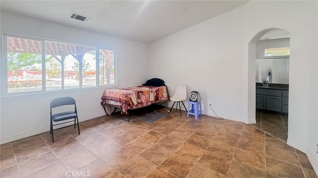 11126 Arena Rd, Pinon Hills, CA 92372 - bedroom featuring multiple windows, arched walkways, a textured ceiling, and ensuite bath