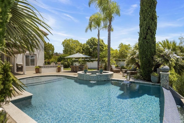 17150 Tallow Tree Ln, San Diego, CA 92127 - view of swimming pool featuring a patio, a pool with connected hot tub, and a fenced backyard