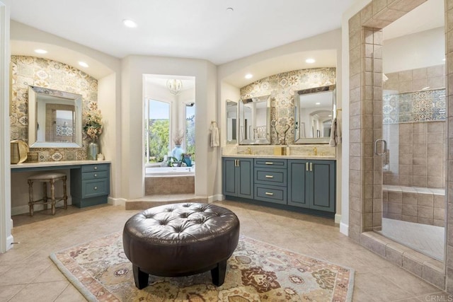 17150 Tallow Tree Ln, San Diego, CA 92127 - full bathroom with a shower stall, vanity, recessed lighting, a bath, and tile patterned flooring