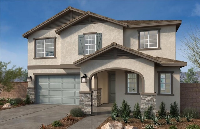 920 Porta Marina Ln, Lake Elsinore, CA 92530 - view of front of house featuring stucco siding, an attached garage, driveway, covered porch, and stone siding
