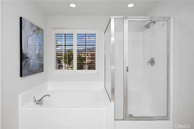 154 Fernpine Ln, Pomona, CA 91767 - bathroom with a stall shower, a bath, and recessed lighting