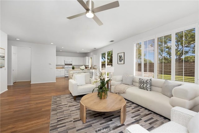 154 Fernpine Ln, Pomona, CA 91767 - living area featuring wood finished floors, ceiling fan, and recessed lighting