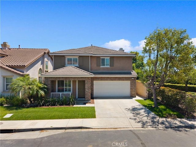 154 Fernpine Ln, Pomona, CA 91767 - traditional-style home with a porch, concrete driveway, an attached garage, a front lawn, and a chimney