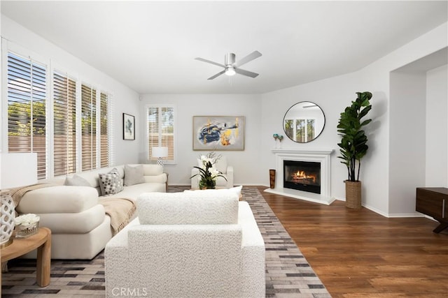 154 Fernpine Ln, Pomona, CA 91767 - living room with a ceiling fan, wood finished floors, and a glass covered fireplace
