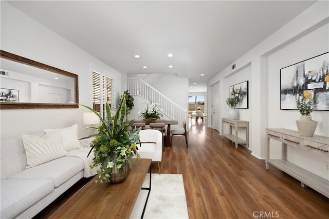 154 Fernpine Ln, Pomona, CA 91767 - living area featuring stairway, wood finished floors, and recessed lighting