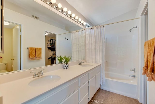 30747 Loma Linda Rd, Temecula, CA 92592 - full bath featuring shower / tub combo with curtain, double vanity, and lofted ceiling