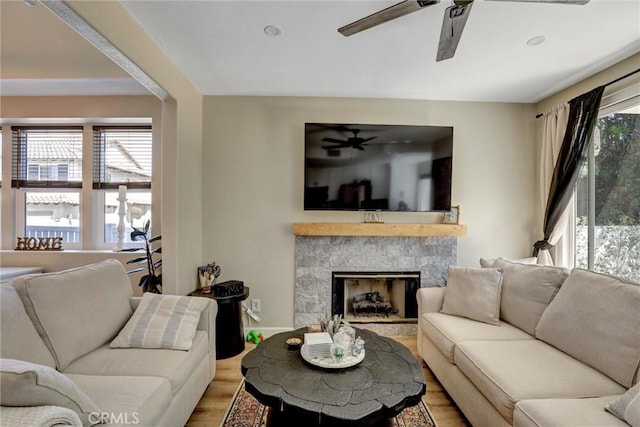 2000 San Antonio Dr, Corona, Corona, CA 92882 - living area with ceiling fan, wood finished floors, and a fireplace