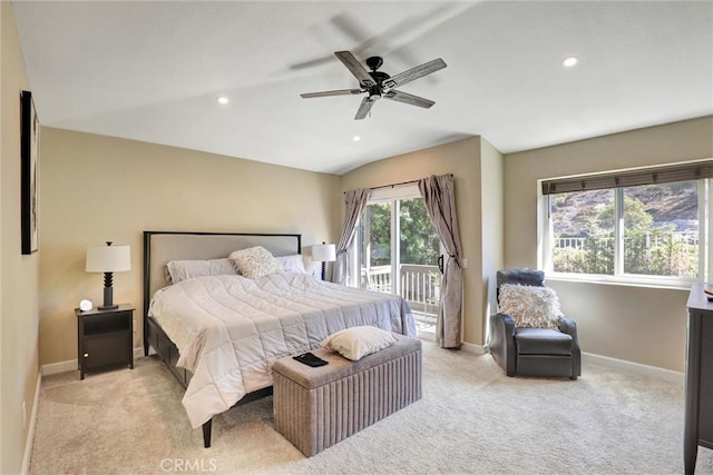 2000 San Antonio Dr, Corona, Corona, CA 92882 - bedroom with access to exterior, light colored carpet, recessed lighting, ceiling fan, and lofted ceiling