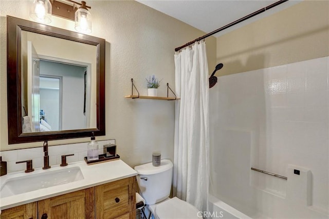 2000 San Antonio Dr, Corona, Corona, CA 92882 - bathroom with vanity, shower / bathtub combination with curtain, decorative backsplash, and a textured wall