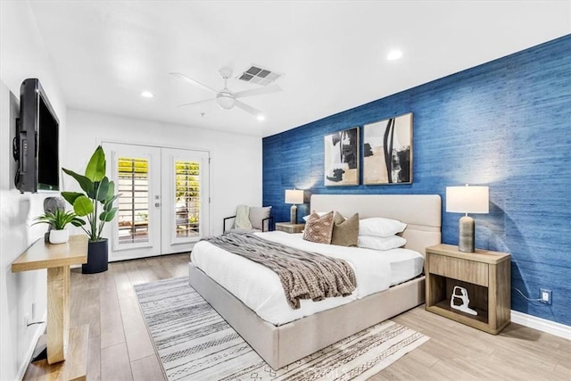 33554 Halyard Dr, Dana Point, CA 92629 - bedroom with access to exterior, an accent wall, french doors, recessed lighting, and wood finished floors