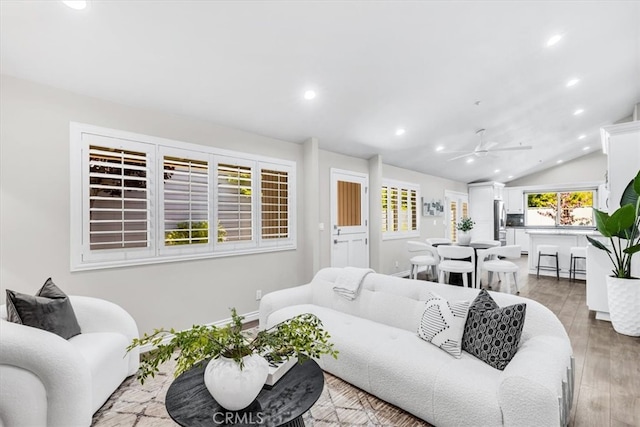 33554 Halyard Dr, Dana Point, CA 92629 - living area featuring recessed lighting, ceiling fan, light wood-style flooring, and lofted ceiling