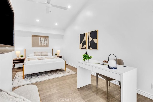 33554 Halyard Dr, Dana Point, CA 92629 - bedroom with wood finished floors, recessed lighting, high vaulted ceiling, a desk, and ceiling fan