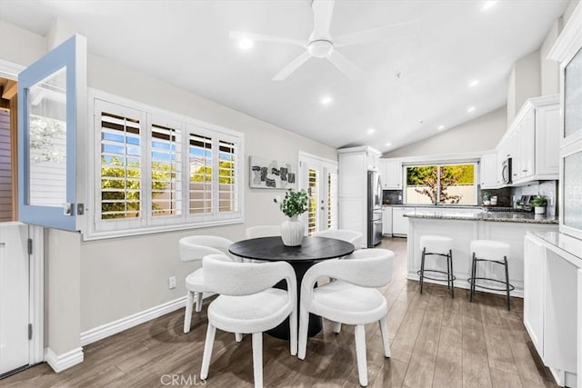 33554 Halyard Dr, Dana Point, CA 92629 - dining space with ceiling fan, light wood-type flooring, recessed lighting, and vaulted ceiling