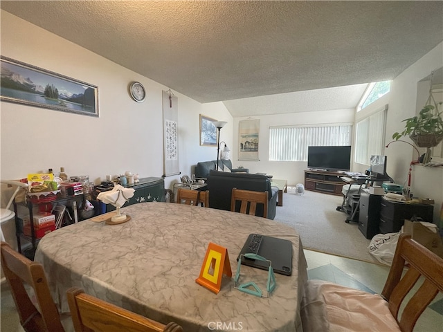 711 S Del Mar Ave Unit G, San Gabriel, CA 91776 - dining space with a textured ceiling, carpet flooring, and vaulted ceiling