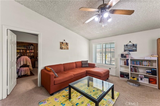 1825 Calle Madrid, Rowland Heights, CA 91748 - carpeted living area with a textured ceiling, ceiling fan, and lofted ceiling