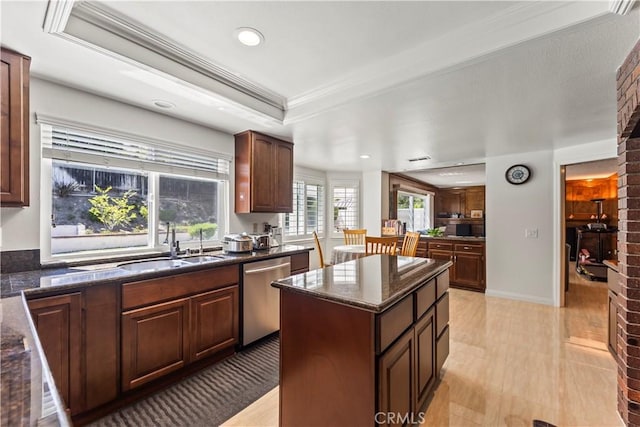1825 Calle Madrid, Rowland Heights, CA 91748 - kitchen with dishwasher, a kitchen island, a raised ceiling, recessed lighting, and dark stone counters
